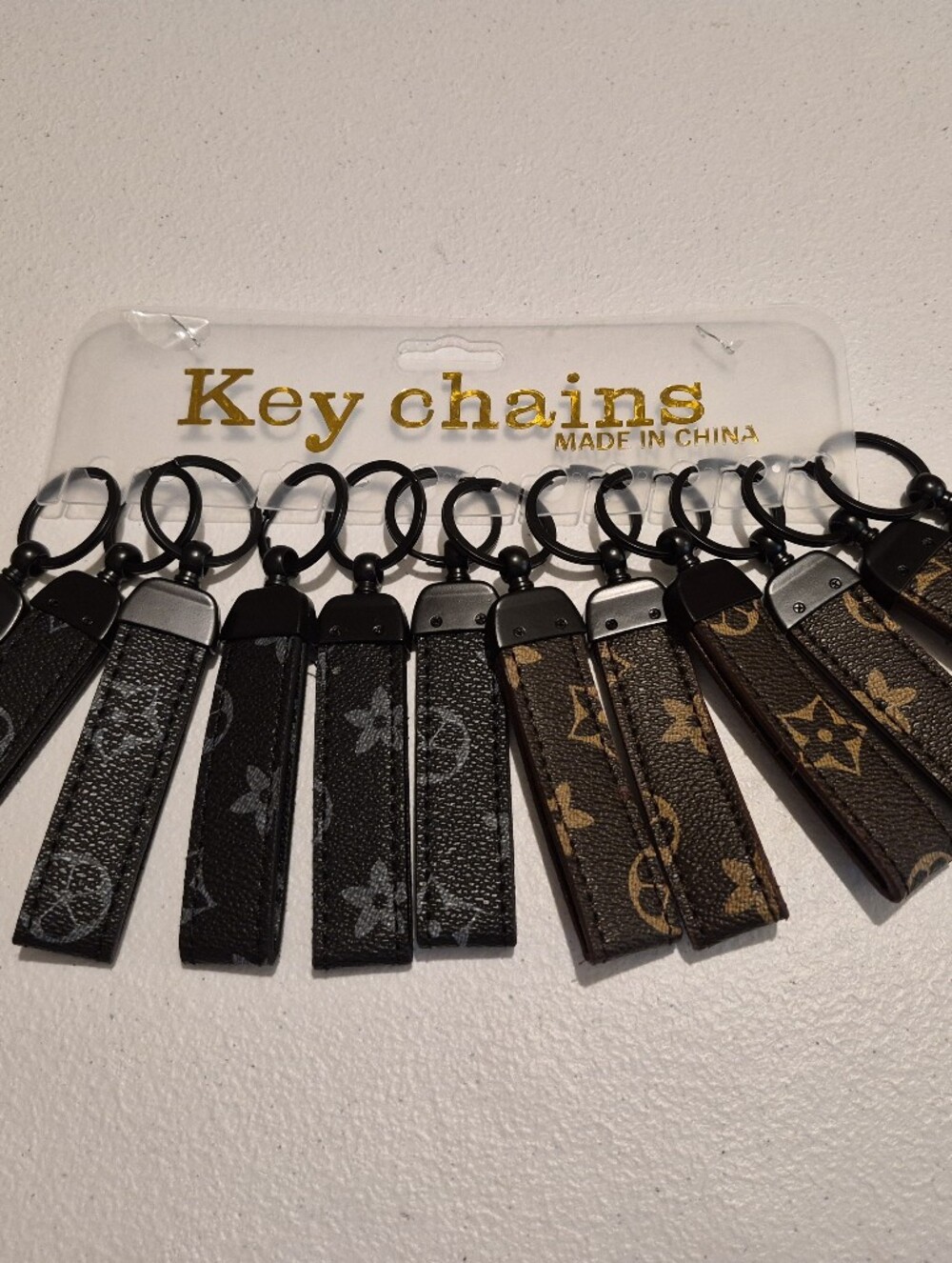 12 Designer Style Brown & Black Monogram Faux Leather Keychains